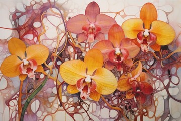  a painting of orange and red orchids on a white and brown background with circles and circles on the bottom of the painting.
