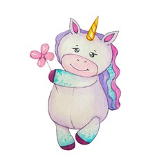 Hand drawn unicorn holding a flower, watercolor illustration
