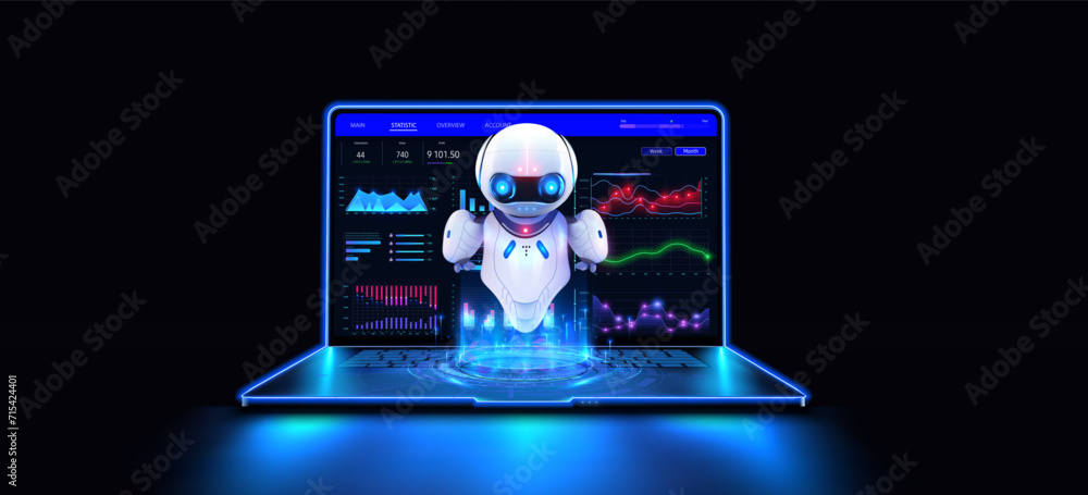 Poster robotic ai assistant emerging from laptop. a 3d robot with a holographic display emerging from a lap