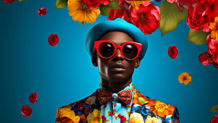 Modern pop art portrait of handsome African man in red sunglasses on blue background. Contemporary...