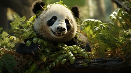 A panda eating bamboo in a bamboo forest