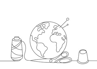 Planet. Earth. Threads. Pincushion. Scissors. Thimble