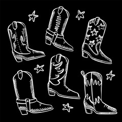 COWBOY BOOTS SET Monochrome Attributes Of The Wild West A Set Of Vector Illustration Sketch Is Symbol Of American Movies And Prairies Hand Drawn Clip Arts