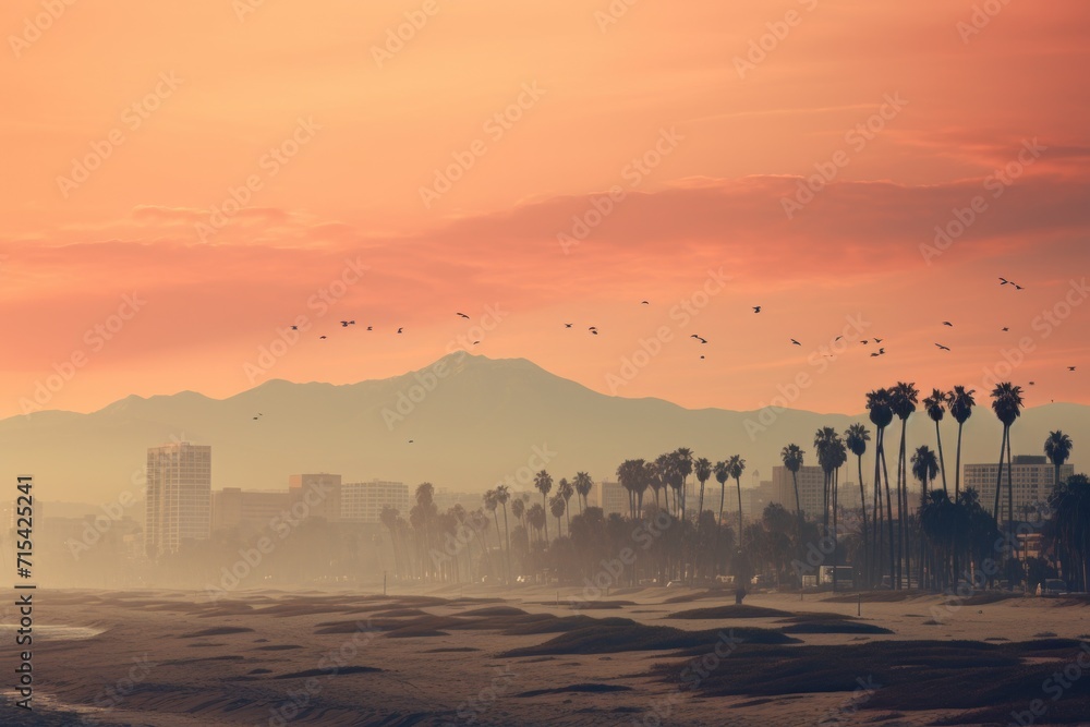 Aufkleber a view of a beach with palm trees in the foreground and a city in the distance with mountains in the