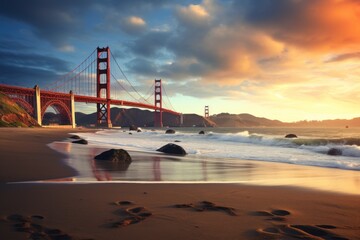  a sunset view of the golden gate bridge over the ocean with footprints in the sand and waves crashing on the shore.