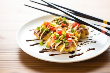 fresh takoyaki on a plate with chopsticks