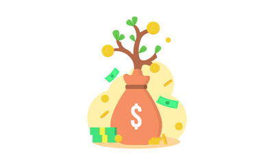 Income growth, money accumulation concept. Investments. A bag of coins, a stack of coins Flat vector illustration