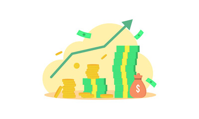 Profit money or budget vector illustration, flat cartoon pile of cash and rising graph arrow up, concept of business success, economic or market growth, investment revenue, capital earnings, benefit