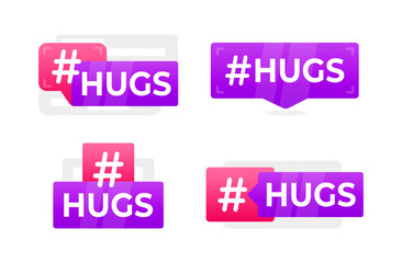 HUGS Hashtag Speech Bubble Icons - A set of playful and vibrant speech bubbles with the HUGS hashtag, perfect for social media and positive messaging graphics