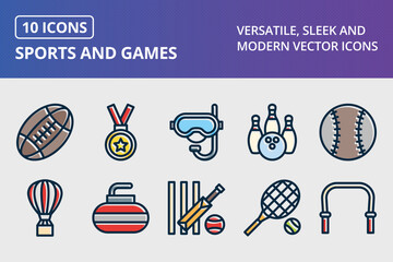 Sports And Games Thick Line Filled Dark Colors Icons Set