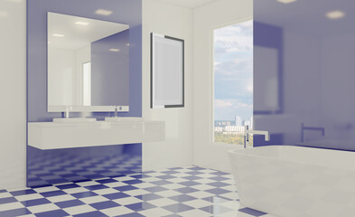 Spacious bathroom in gray tones with heated floors, freestanding tub. 3D rendering.. Empty paintings