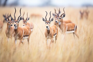 antelope herd running through tall grass