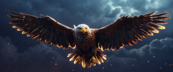 A majestic eagle flying in the stormy sky. A symbol of freedom, 3d render, Panoramic  - obrazy, fototapety, plakaty