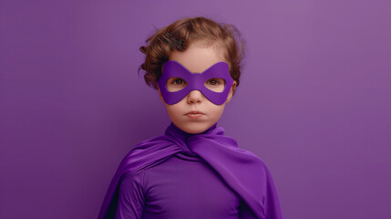 A kid in hero costume, wearing a purple mask against a purple background, generative ai