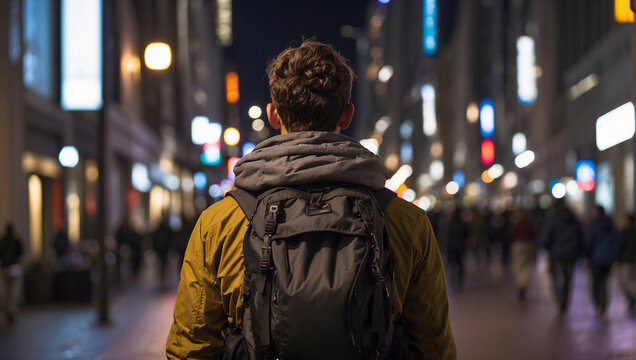 back view of a male backpacker with the background of a city street at night
