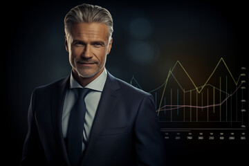 Portrait of a mature man in a suit, bokeh background User interface design for a financial services company