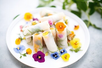 artfully presented spring rolls with edible flowers as decor
