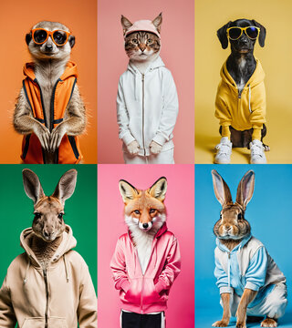 Animals wearing casual hip-hop fashion mashup on a simple color background