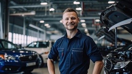 Confident mechanic smiling in auto repair shop with cars and open hood in background. - obrazy, fototapety, plakaty