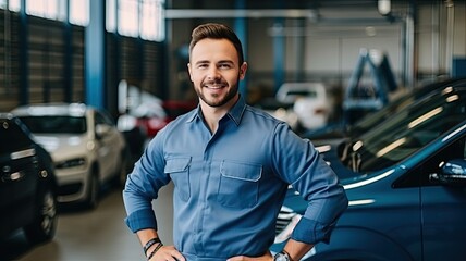 Confident mechanic with arms crossed standing in auto repair shop. - obrazy, fototapety, plakaty