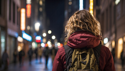 back view of a female backpacker with the background of a city street at night