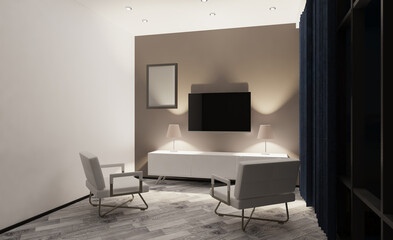 Elegant office interior. Mixed media. 3D rendering.. Mockup.   Empty paintings