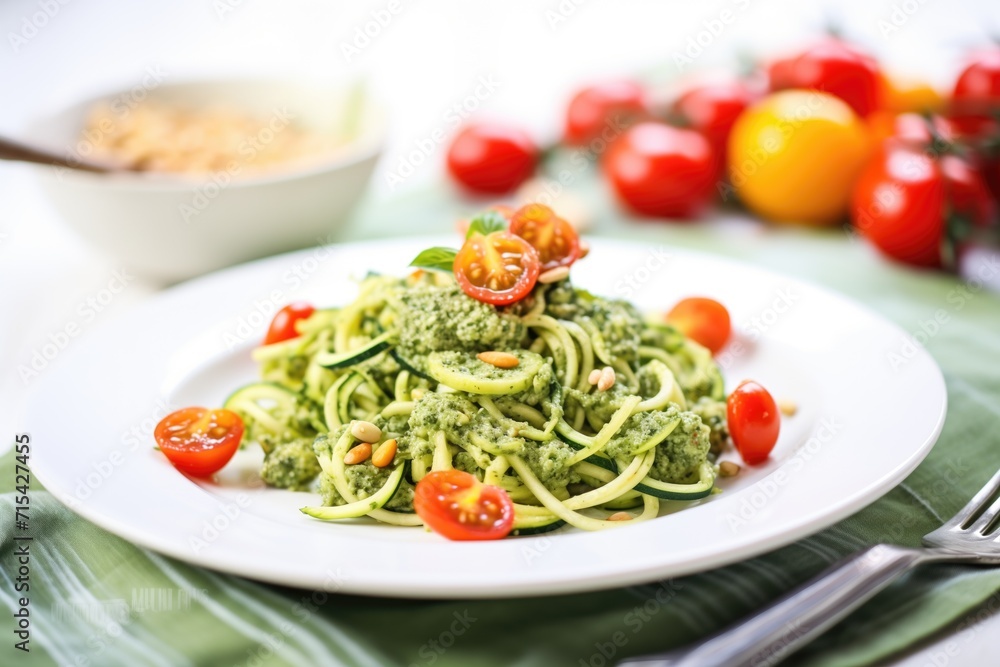 Wall mural zucchini noodles tossed with cherry tomatoes and pesto sauce - Wall murals