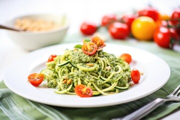 zucchini noodles tossed with cherry tomatoes and pesto sauce