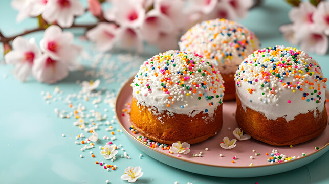 Close up of Easter cakes  on blue  background.
