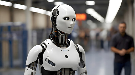 Advanced humanoid robot with a sleek white design in an industrial setting, symbolizing cutting-edge technology.