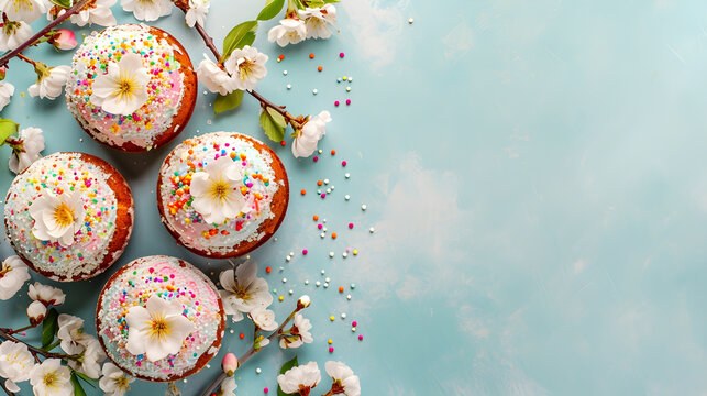  Easter cakes  on blue  background.Top view.