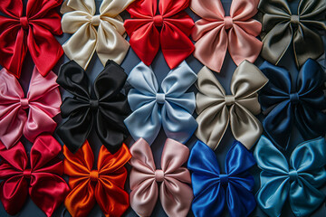 Top view of an artistic and creative arrangement of decorative bows in various colors against a monochromatic backdrop