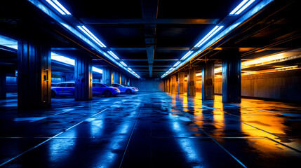 Empty parking garage with several cars parked in the parking lot at night