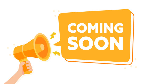 Hand Holding Megaphone Announcing COMING SOON with Vibrant Orange Banner Vector Illustration