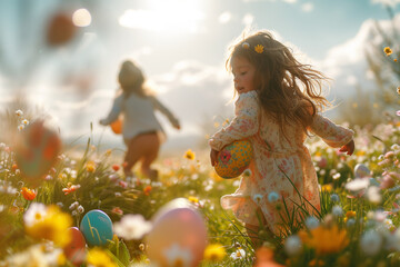Fototapeta premium Children running through a green field full of flowers and Easter eggs on a sunny day.