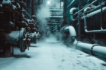 An industrial boiler room covered in snow and complex piping emitting steam, conveying a feeling of cold yet functional warmth.