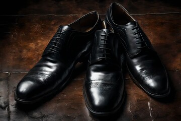 pair of black leather shoes - obrazy, fototapety, plakaty