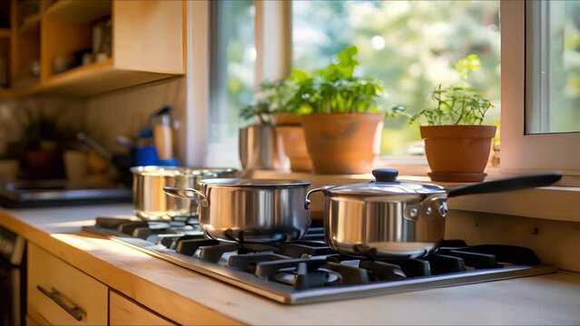 Closeup of a compact and efficient kitchen in a tiny home, complete with a gas stove and hanging pots and pans.