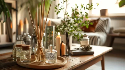 Foto op Canvas In the living room, a table with reed diffusers © Suleyman