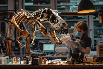 Fototapeta na wymiar Scientists reconstructing a dinosaur skeleton in a laboratory, surrounded by modern technology, illustrating ancient history with scientific investiga