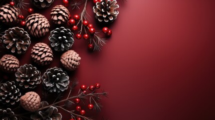  a bunch of pine cones and berries on a red background with a place for a text or an image with a place for your own text.