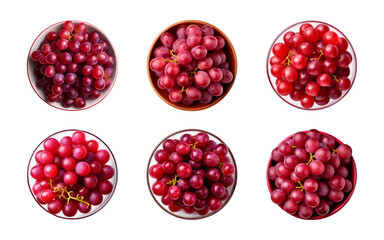 Collection bowl of red grapes isolated on a transparent background, top view