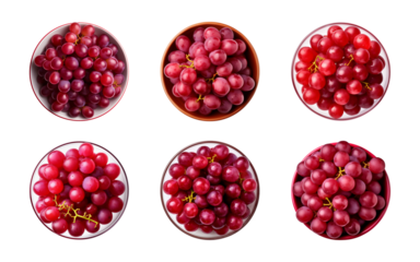Collection bowl of red grapes isolated on a transparent background, top view