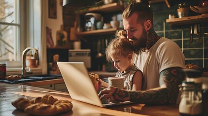 Tattooed father in the kitchen in the morning, having coffee and using laptop next to daughter near...