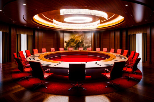 Conference room with red chairs and round table in the center of the room