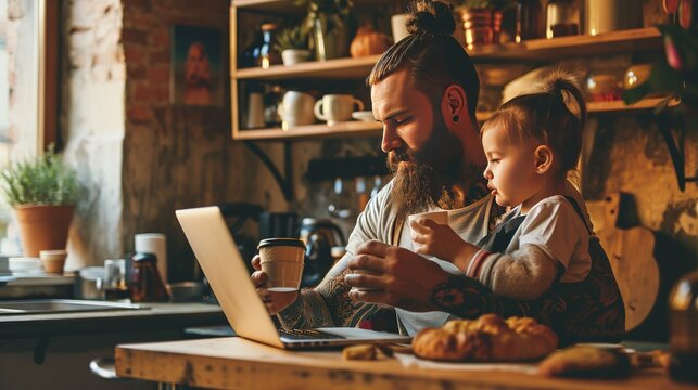 Tattooed father in the kitchen in the morning, having coffee and using laptop next to daughter near pastry