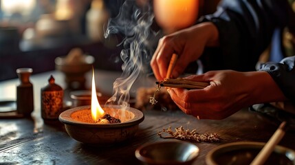 Fototapeta na wymiar Treatment with Moxibustion in Traditional Chinese Medicine