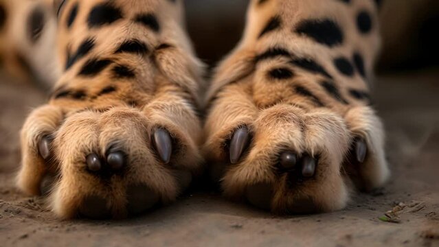 Closeup of a cheetahs powerful paws once used to chase down swift antelopes now malnourished and weak from the lack of prey