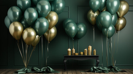 Fototapeta na wymiar oster with Shiny Green Balloons on color Background with Square Frame.