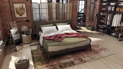 Loft bedroom interior, with the bed in the center and the living room in the background. Industrial design with large loft windows and raw bricks combined with wooden parquet floor. 3D illustration.
